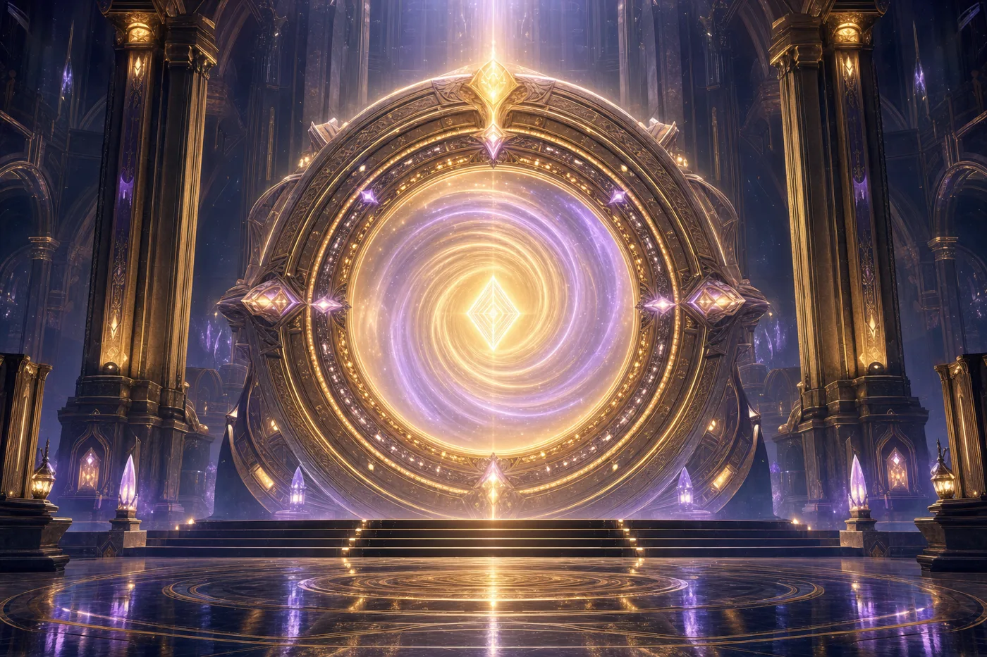 The Stargate, a glowing golden portal ring in a vaulted hall