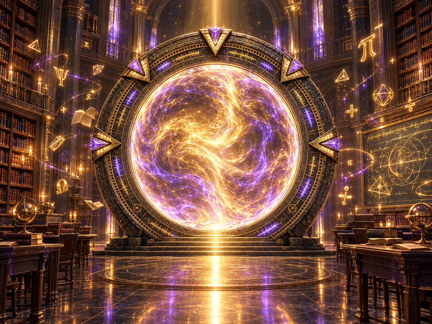 A golden portal in a grand library classroom glowing with letters and numbers
