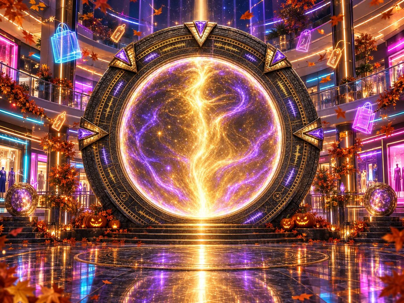 A golden portal in a glowing shopping mall with autumn leaves and jack-o'-lanterns