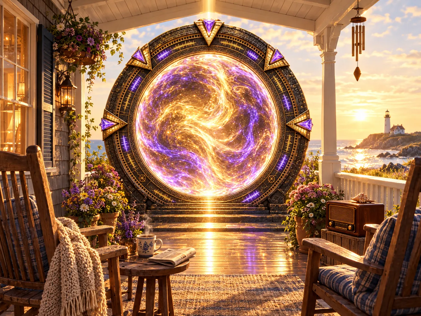 A golden portal on a sunny seaside porch with rocking chairs, coffee and the morning paper