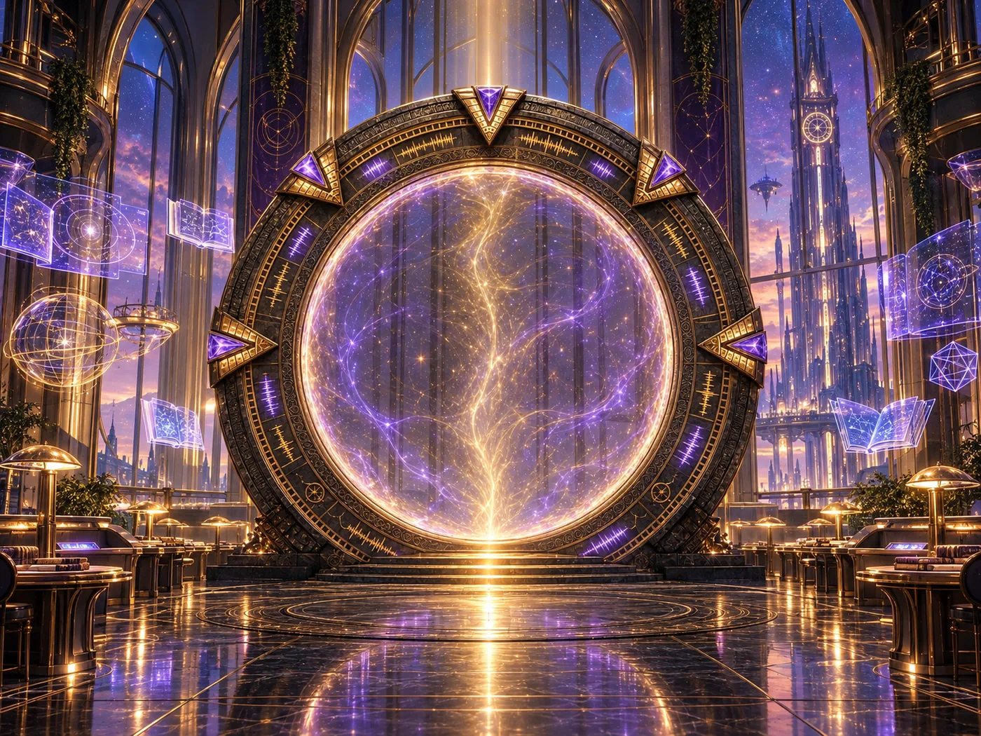 A golden portal in the grand hall of a future university